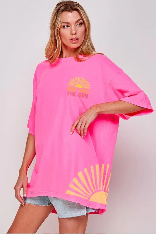 Neon Pink Lime-Orange Floral Ruffle Detail Short Sleeve Top