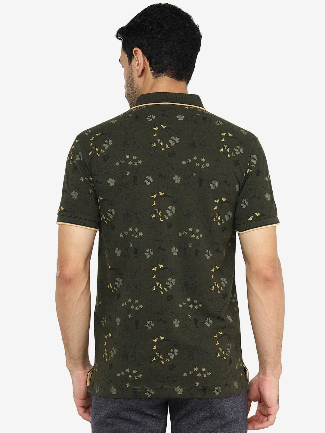 Olive Green Printed Slim Fit Polo T-Shirt | Greenfibre