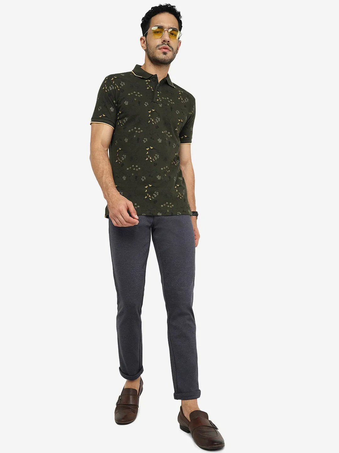 Olive Green Printed Slim Fit Polo T-Shirt | Greenfibre