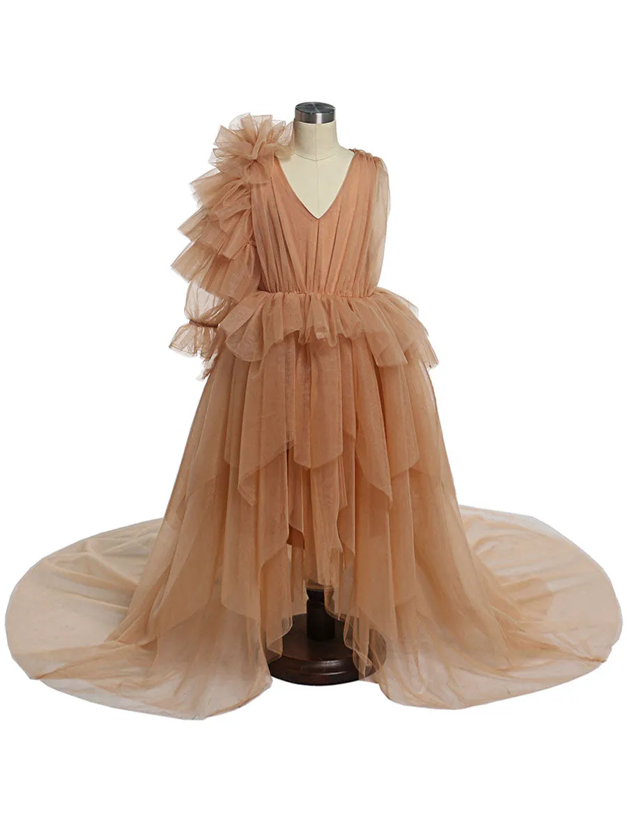 One-Shoulder Full sleeves Flower Girl Dresses First Communion Dresses for Girls soft Tulle Princess Party Dress