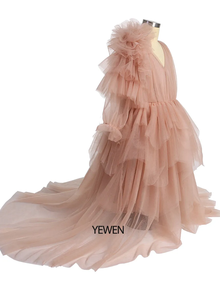 One-Shoulder Full sleeves Flower Girl Dresses First Communion Dresses for Girls soft Tulle Princess Party Dress