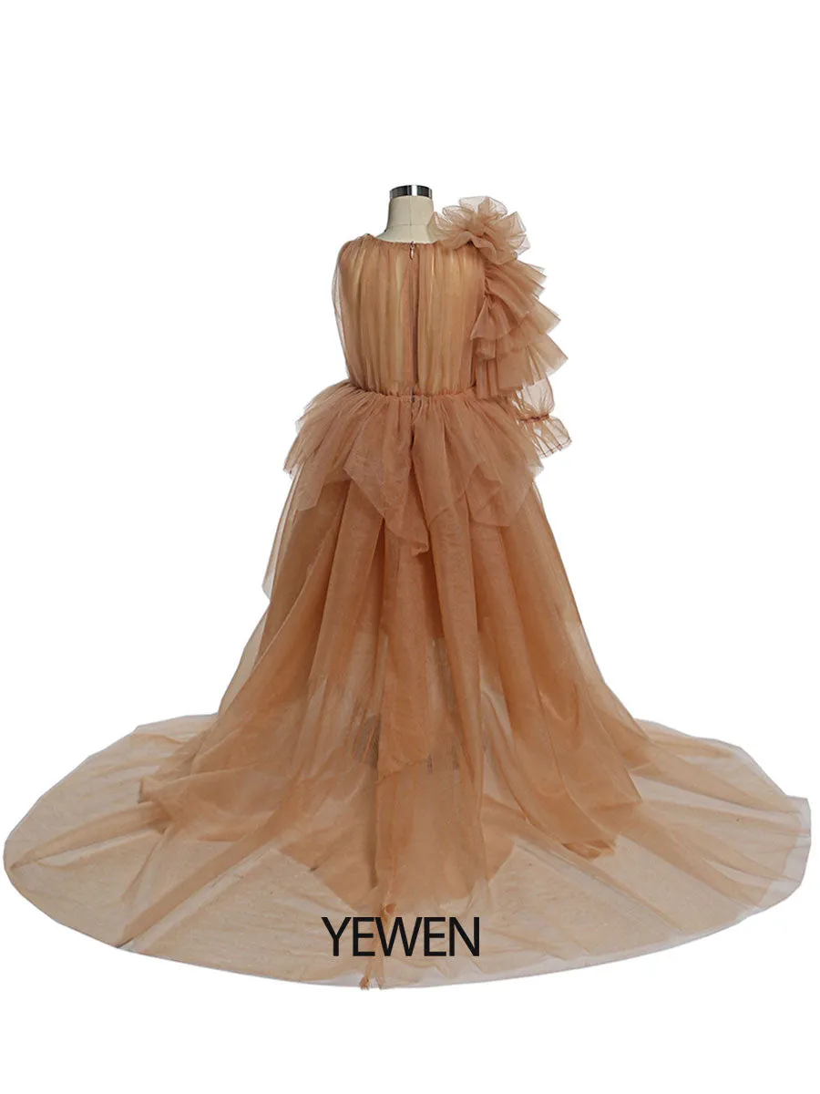 One-Shoulder Full sleeves Flower Girl Dresses First Communion Dresses for Girls soft Tulle Princess Party Dress