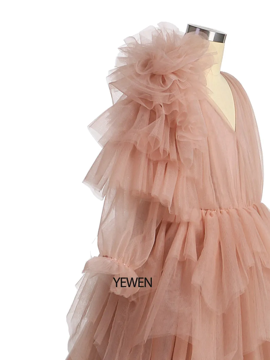 One-Shoulder Full sleeves Flower Girl Dresses First Communion Dresses for Girls soft Tulle Princess Party Dress