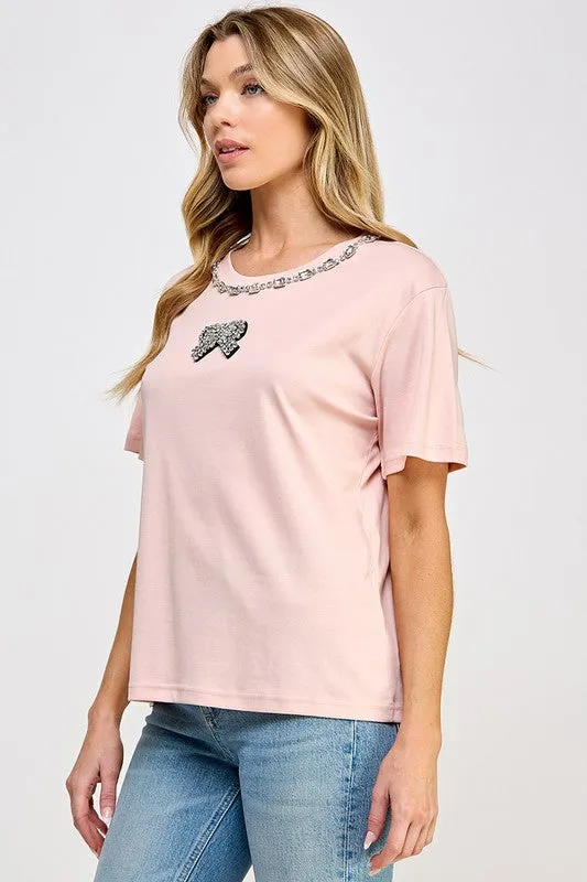 Pink Rhinestone Detail T Shirt