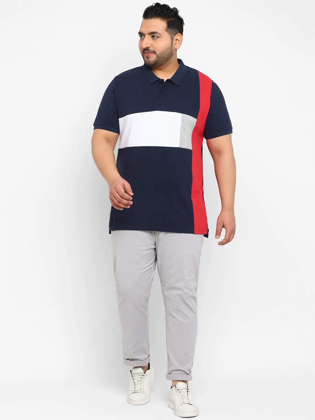 Plus Men's Navy Blue, White, Red Colour-Block Regular Fit Half Sleeve Cotton Polo T-Shirt