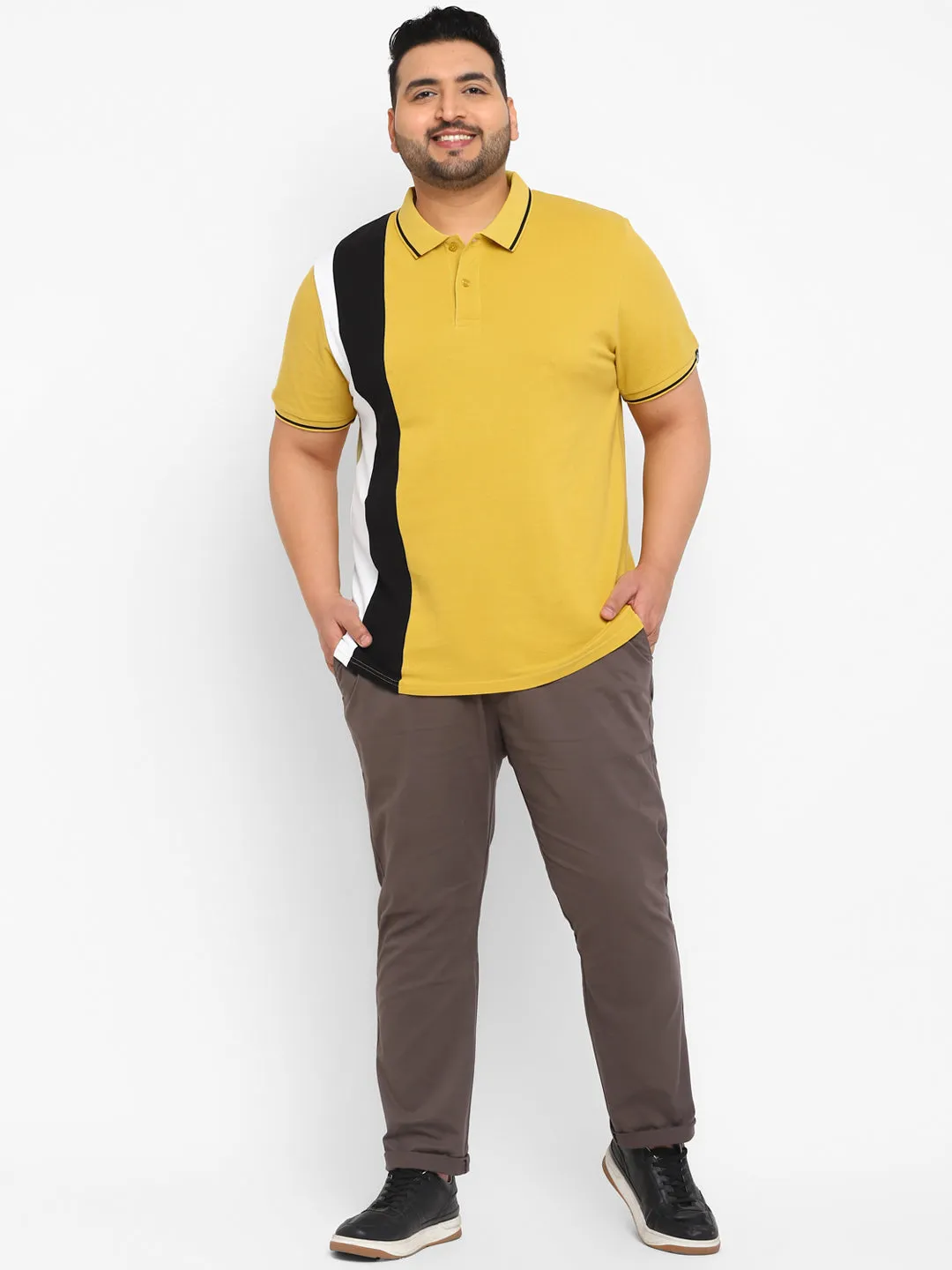 Plus Men's Yellow, White, Black Colour-Block Regular Fit Half Sleeve Cotton Polo T-Shirt
