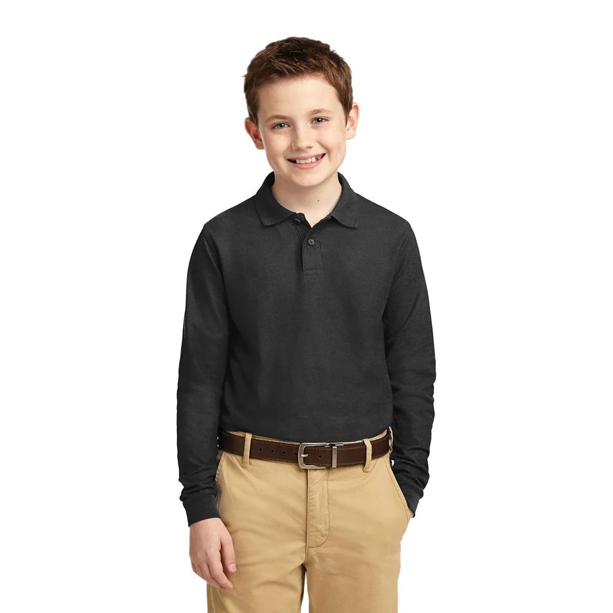 Port Authority Youth Black Long Sleeve Silk Touch Polo