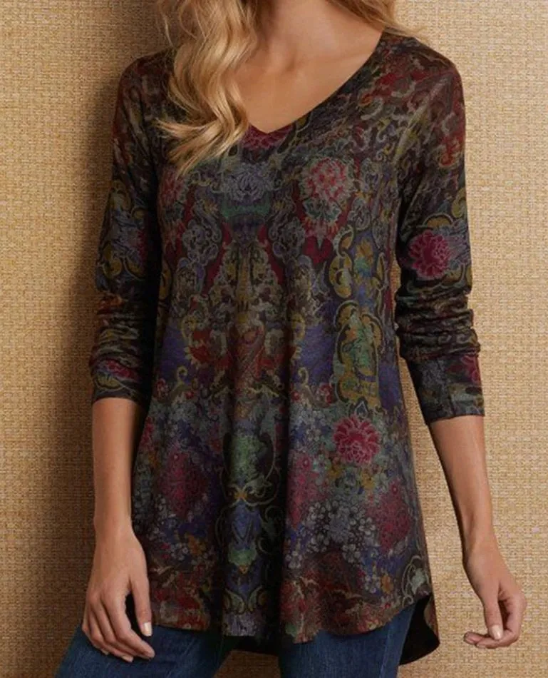 Pullover Stylish Women's Floral V-neck Loose T-shirt