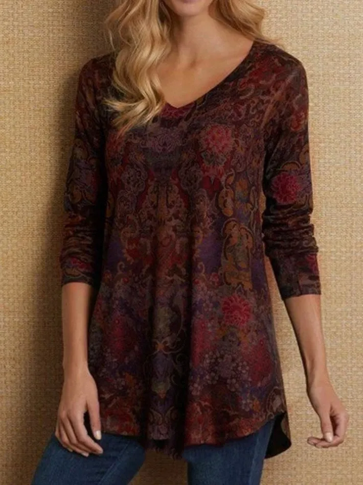 Pullover Stylish Women's Floral V-neck Loose T-shirt