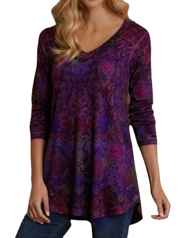 Pullover Stylish Women's Floral V-neck Loose T-shirt