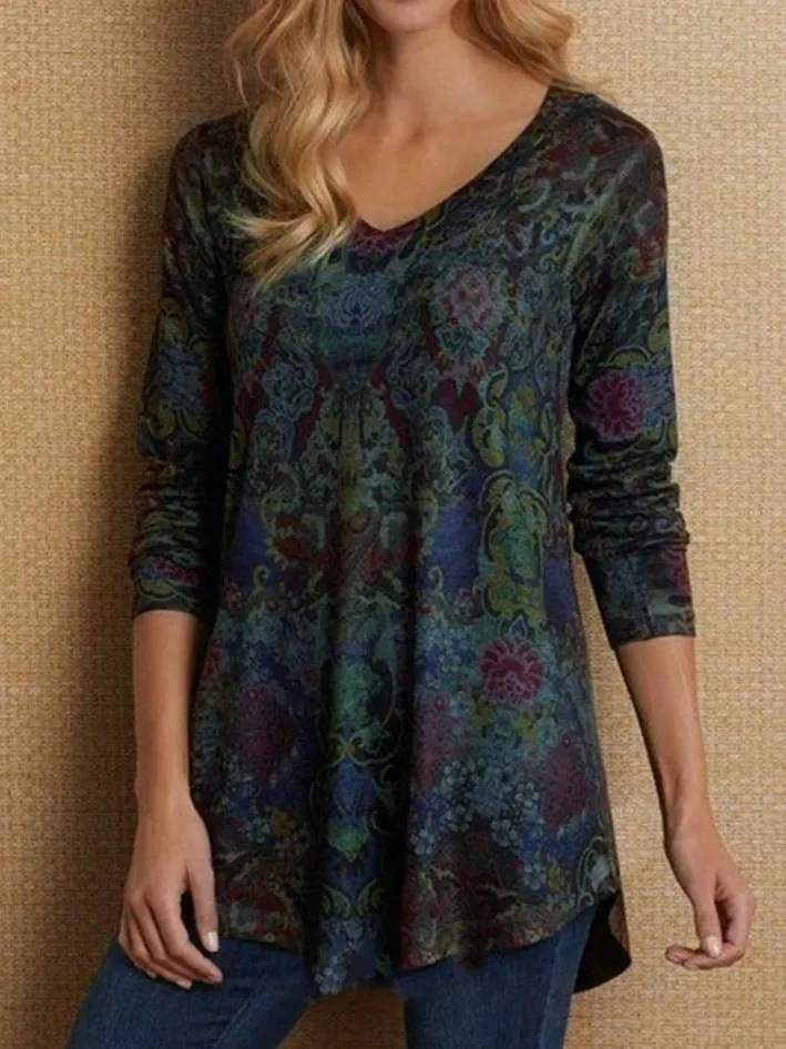 Pullover Stylish Women's Floral V-neck Loose T-shirt