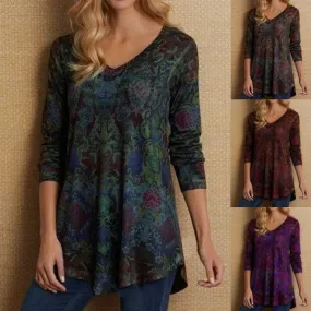 Pullover Stylish Women's Floral V-neck Loose T-shirt