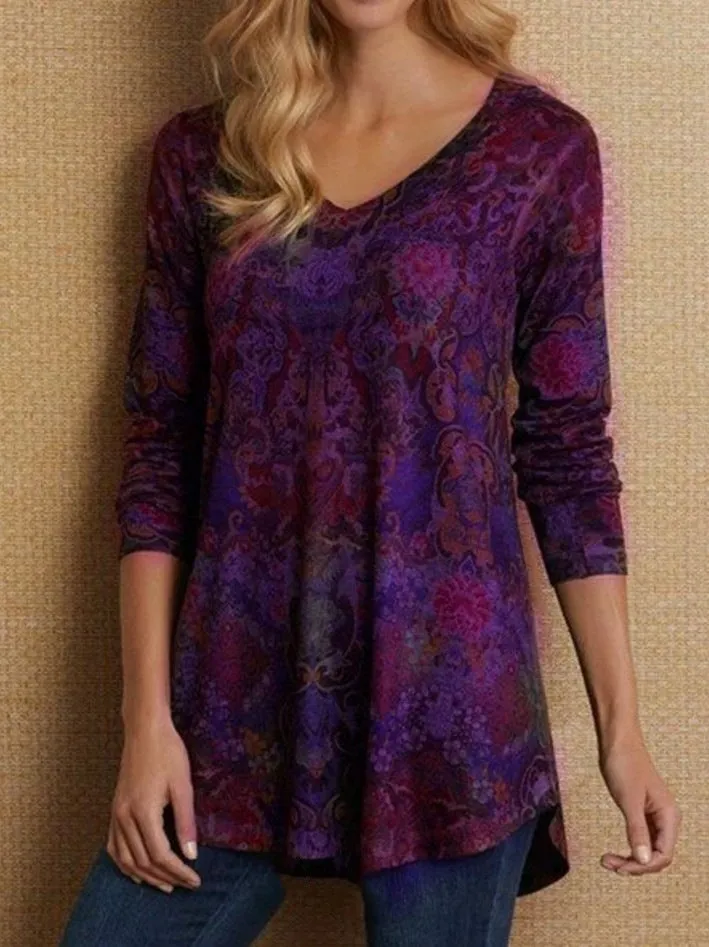 Pullover Stylish Women's Floral V-neck Loose T-shirt