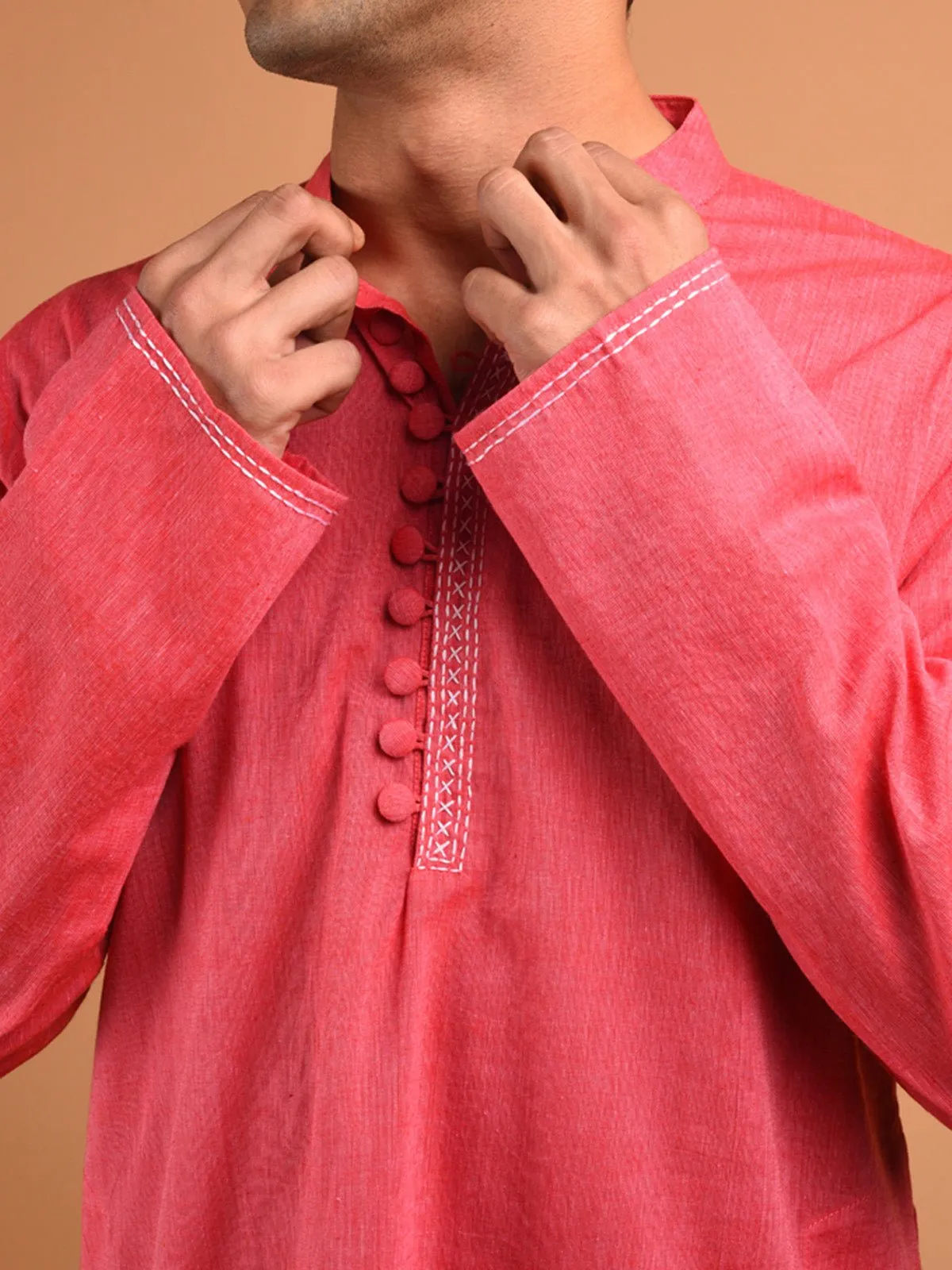 Rose Hand Embroidered Men's Kurta Pink