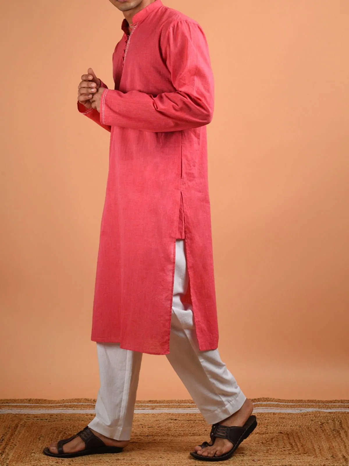 Rose Hand Embroidered Men's Kurta Pink