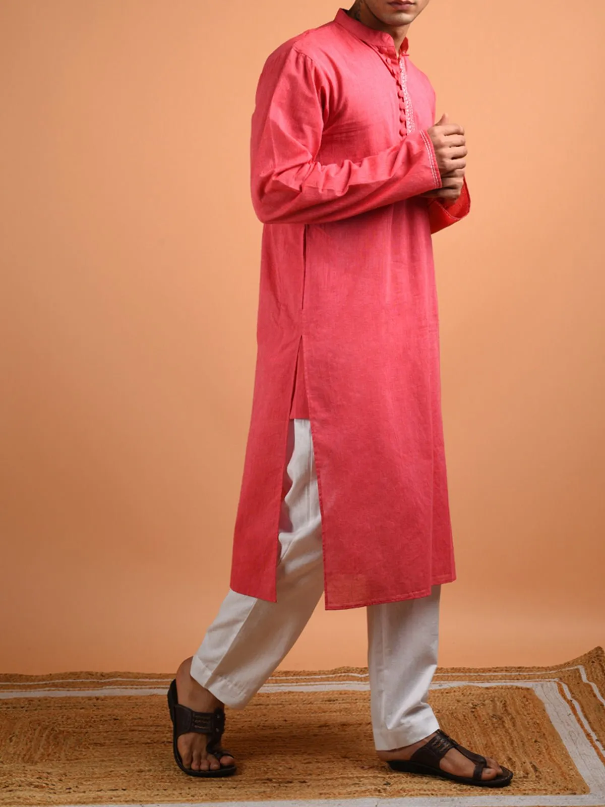 Rose Hand Embroidered Men's Kurta Pink