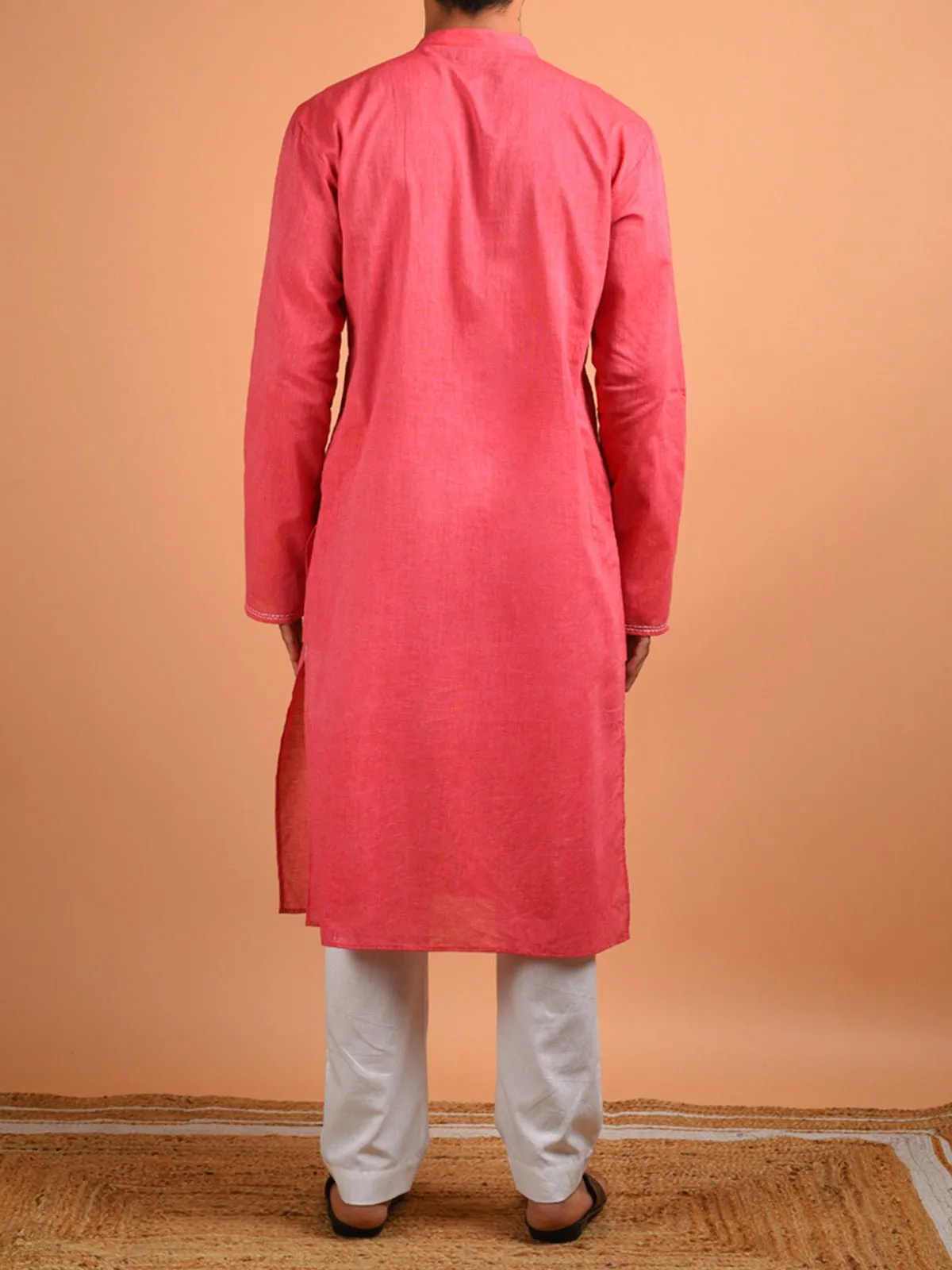 Rose Hand Embroidered Men's Kurta Pink