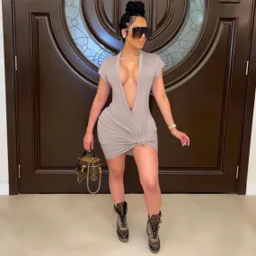 Solid Short Sleeveless T Shirt Midi Dress Deep V Neck Bodycon Bow Tie Sexy Streetwear Party Club  Summer Clothes