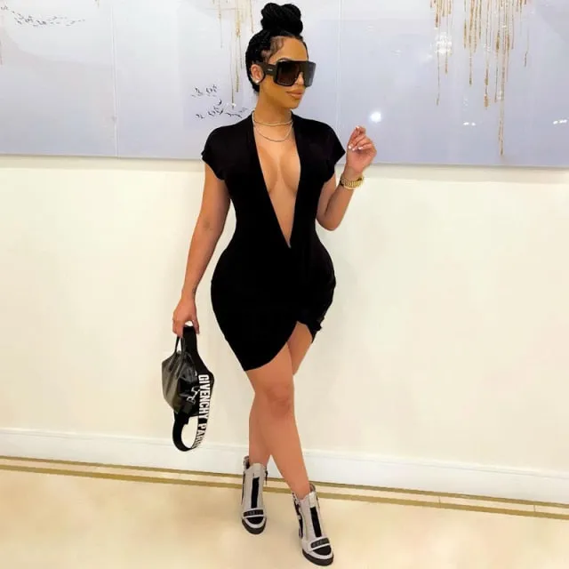 Solid Short Sleeveless T Shirt Midi Dress Deep V Neck Bodycon Bow Tie Sexy Streetwear Party Club  Summer Clothes