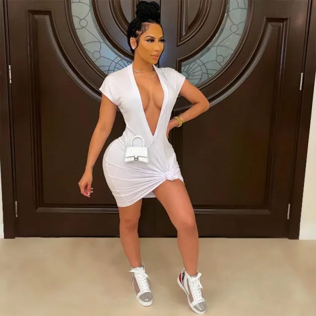 Solid Short Sleeveless T Shirt Midi Dress Deep V Neck Bodycon Bow Tie Sexy Streetwear Party Club  Summer Clothes