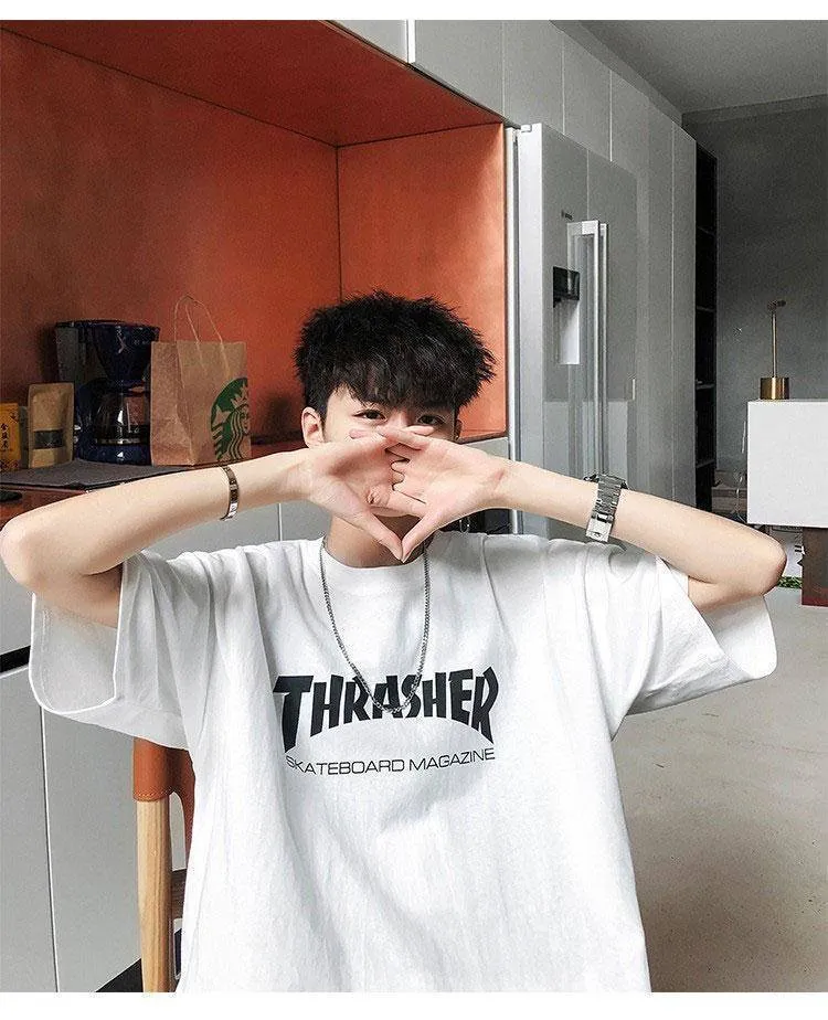 Summer Short Sleeve T-Shirt Trendy Loose Student Mid-Length Black Tops T-Shirt