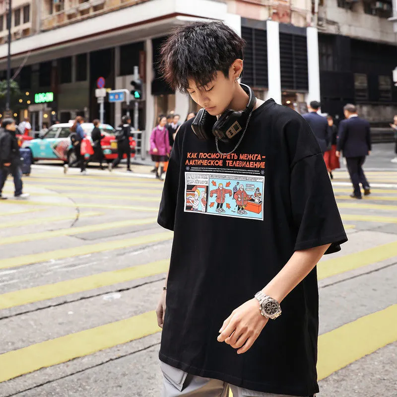 Summer Short Sleeve T-Shirt Trendy Loose Student Mid-Length Black Tops T-Shirt