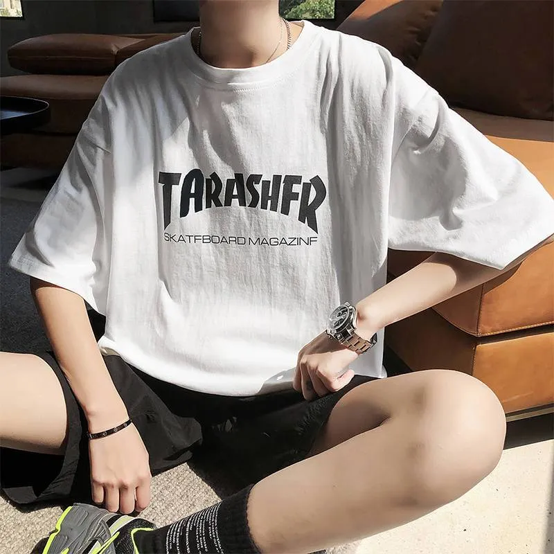 Summer Short Sleeve T-Shirt Trendy Loose Student Mid-Length Black Tops T-Shirt