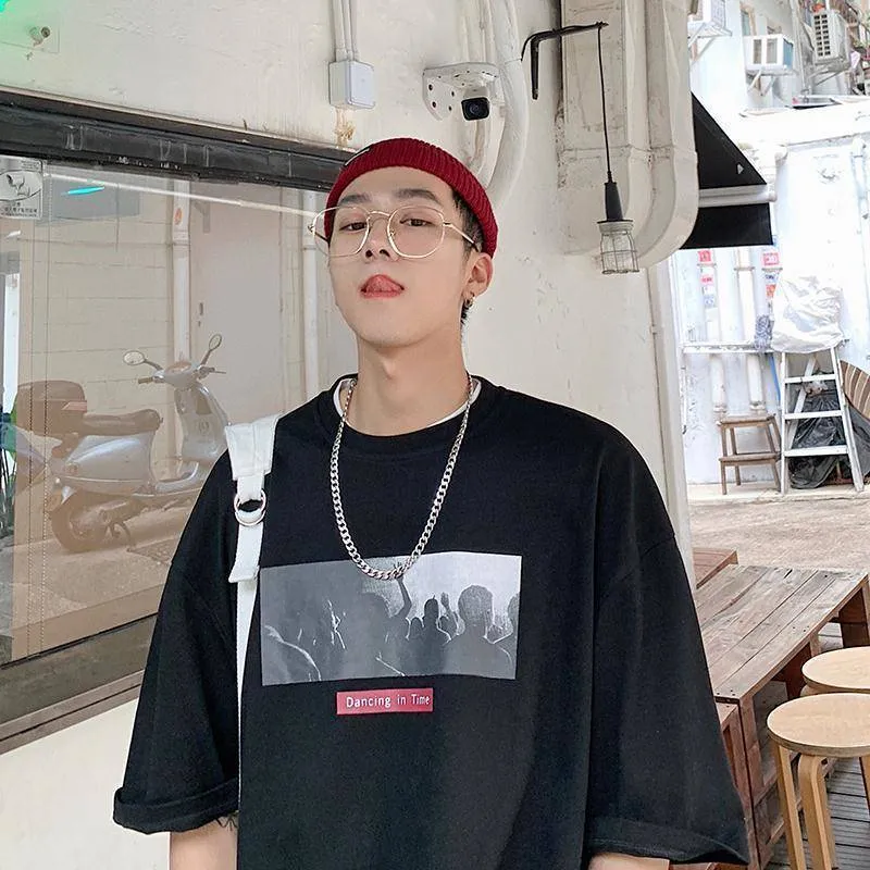 Summer Short Sleeve T-Shirt Trendy Loose Student Mid-Length Black Tops T-Shirt