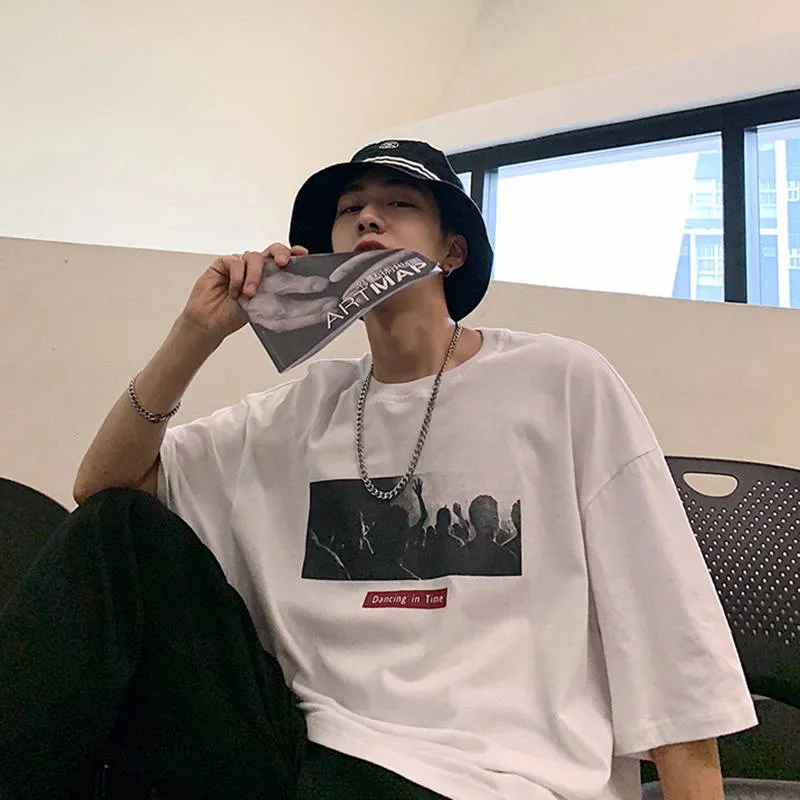 Summer Short Sleeve T-Shirt Trendy Loose Student Mid-Length Black Tops T-Shirt