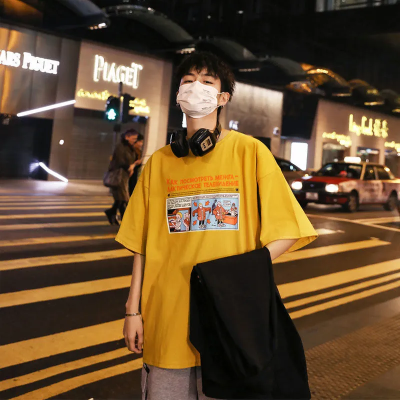 Summer Short Sleeve T-Shirt Trendy Loose Student Mid-Length Black Tops T-Shirt