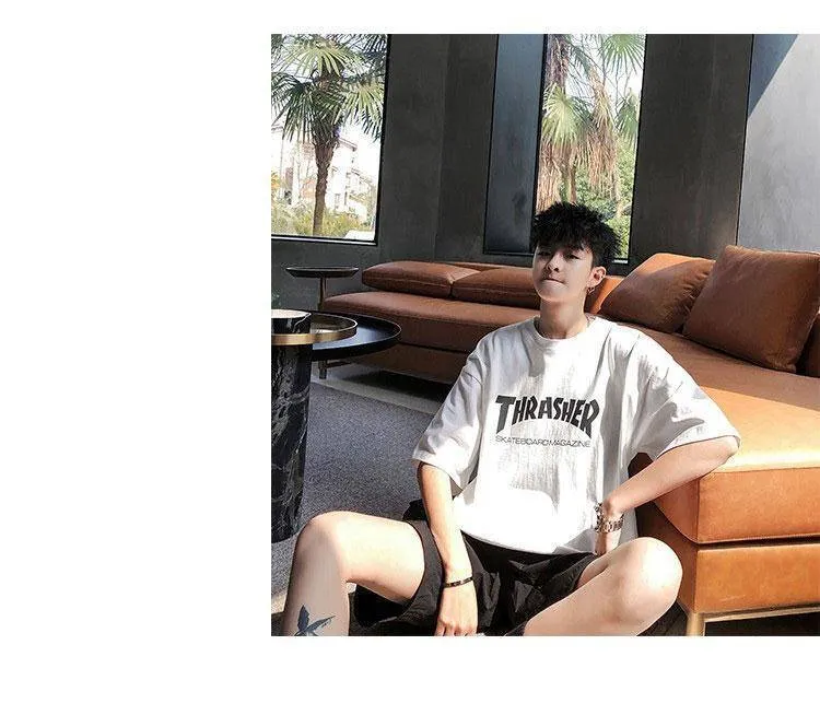 Summer Short Sleeve T-Shirt Trendy Loose Student Mid-Length Black Tops T-Shirt