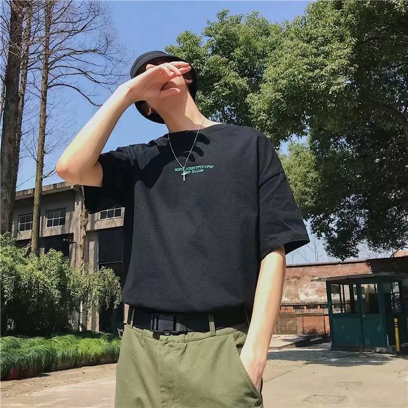 Summer Short Sleeve T-Shirt Trendy Loose Student Mid-Length Black Tops T-Shirt