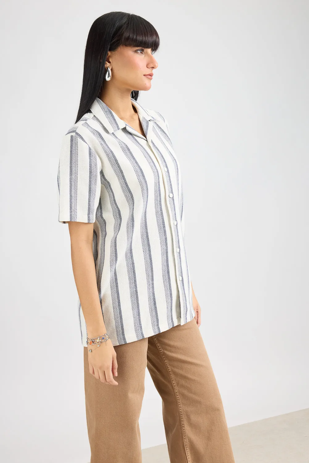 Textured Knit Women's Shirt-White/Navy Stripes