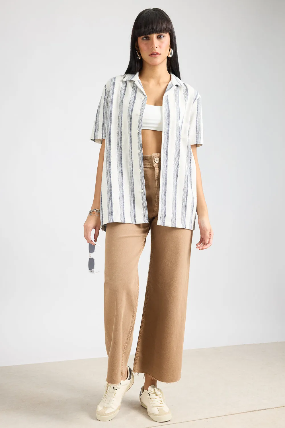 Textured Knit Women's Shirt-White/Navy Stripes