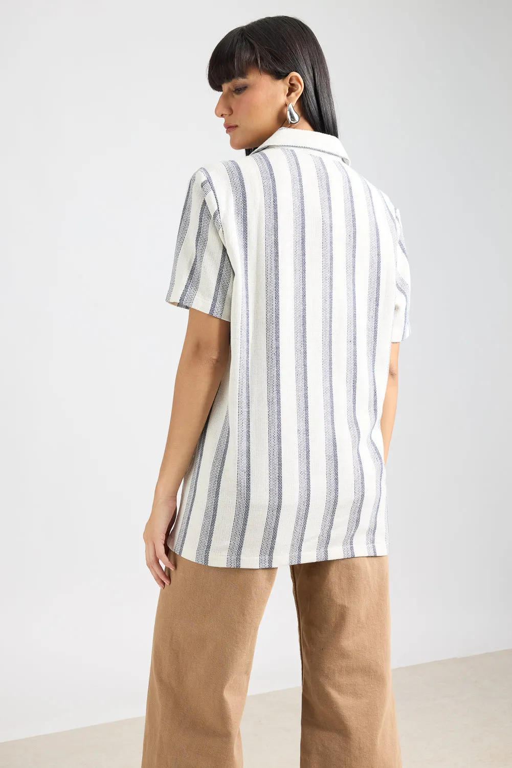 Textured Knit Women's Shirt-White/Navy Stripes
