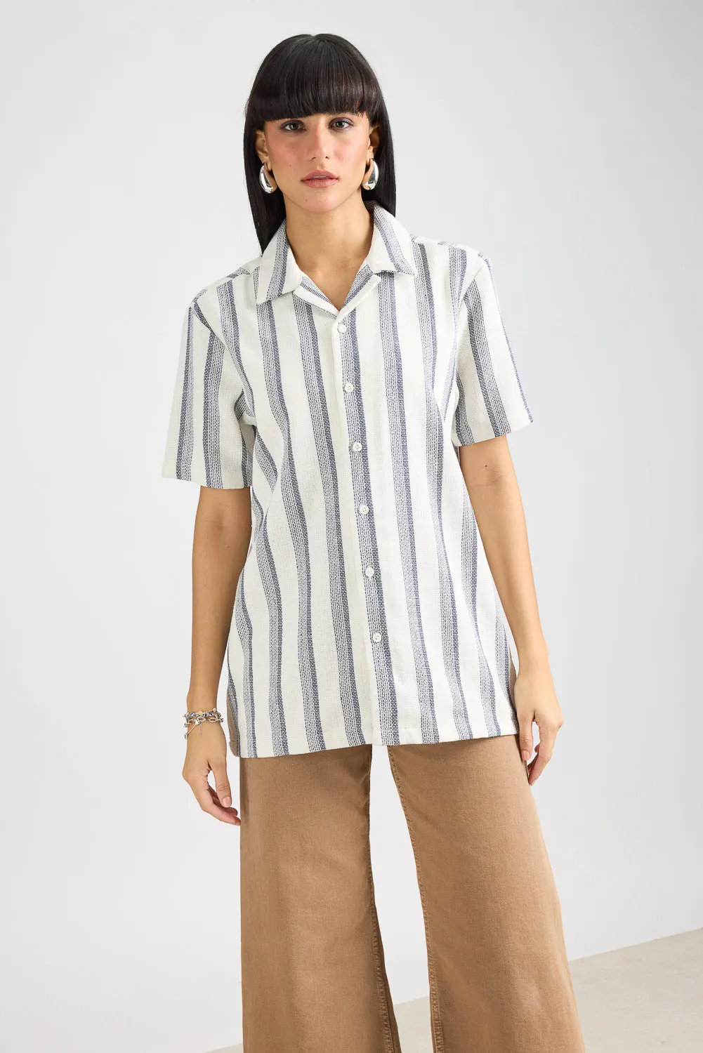 Textured Knit Women's Shirt-White/Navy Stripes