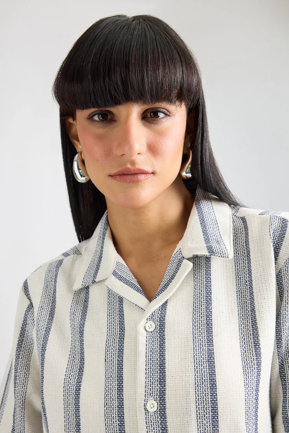 Textured Knit Women's Shirt-White/Navy Stripes
