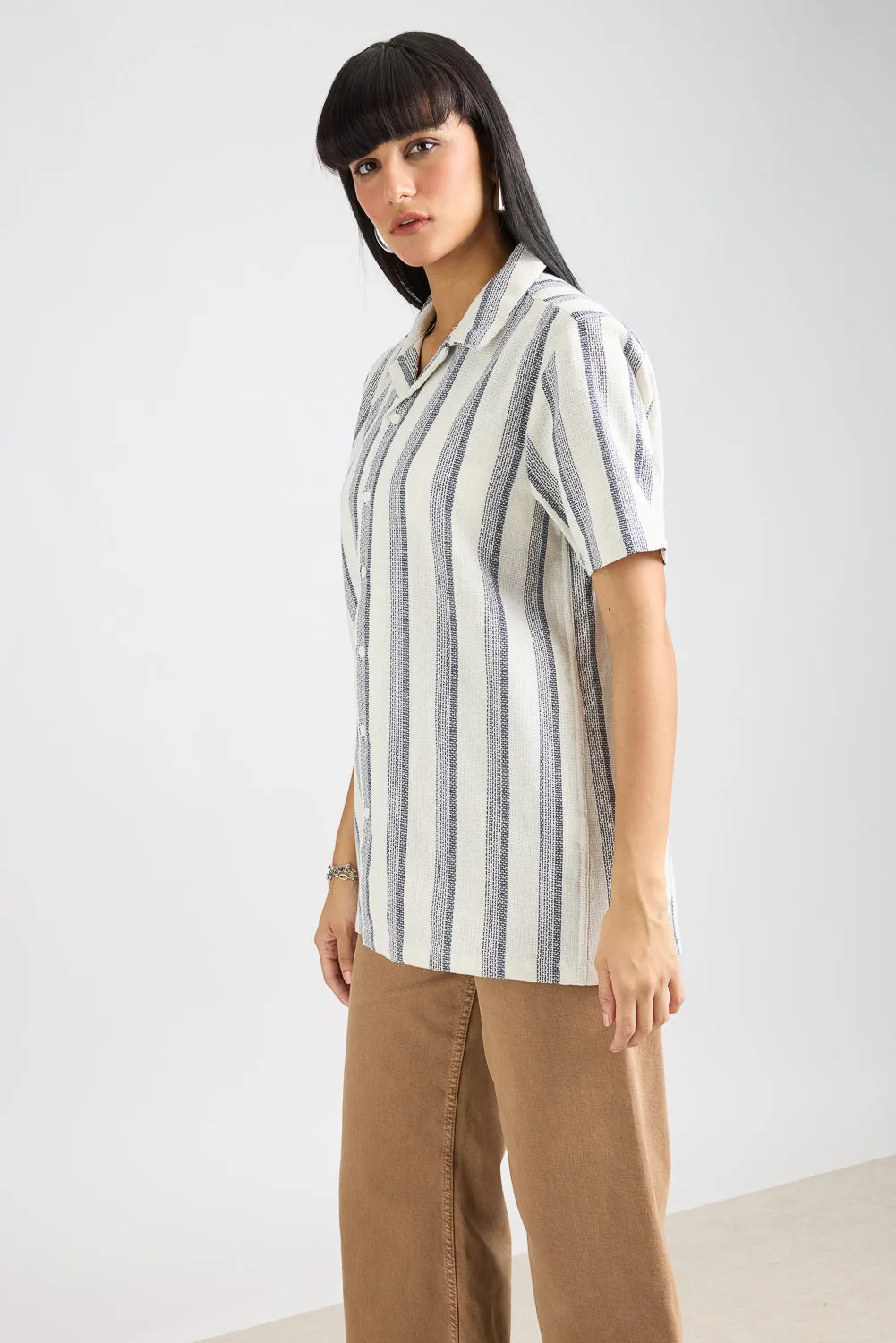 Textured Knit Women's Shirt-White/Navy Stripes