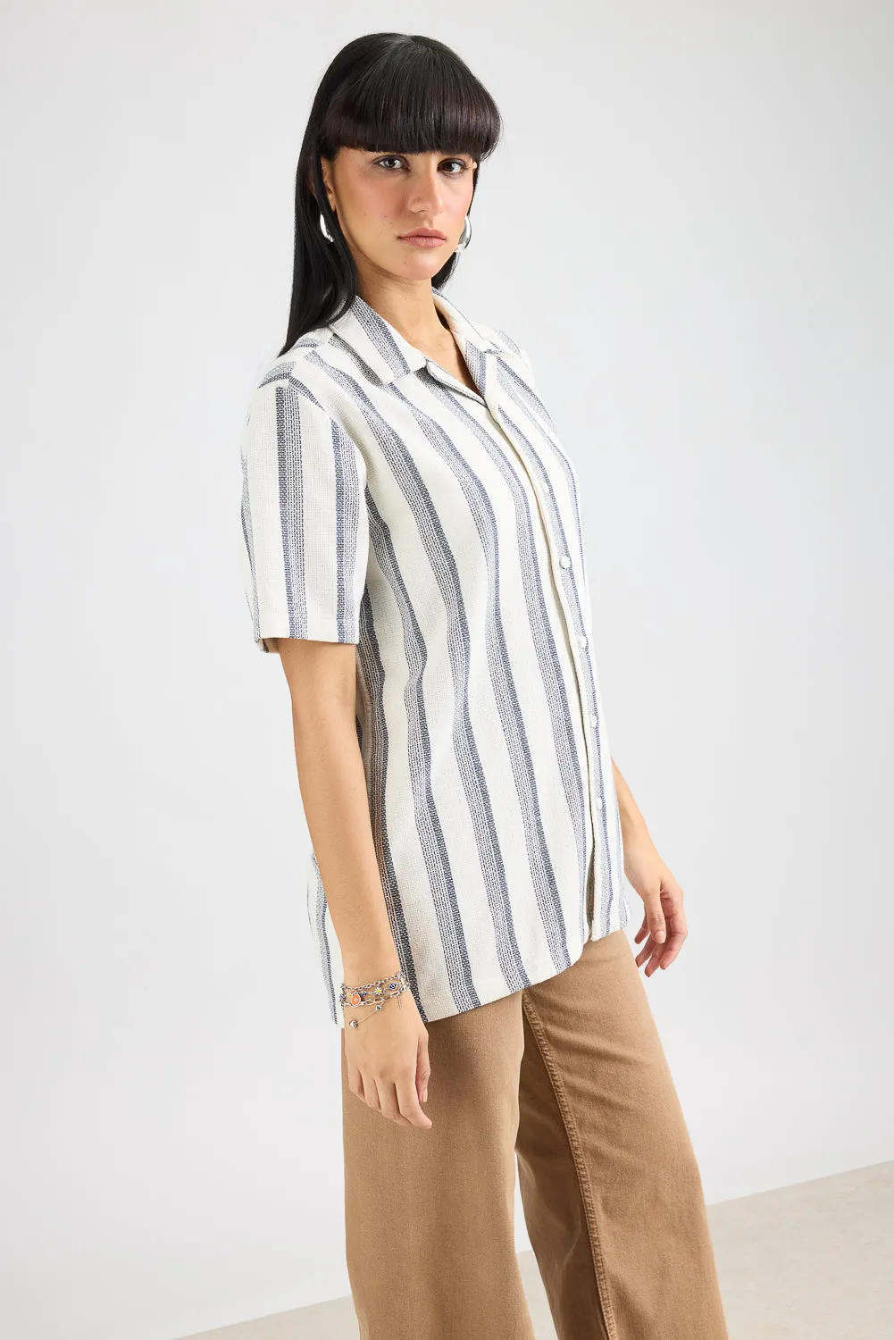 Textured Knit Women's Shirt-White/Navy Stripes