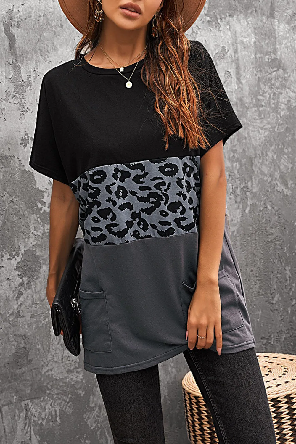 Triple Colorblock Splicing Short Sleeve Mini Dress with Pockets