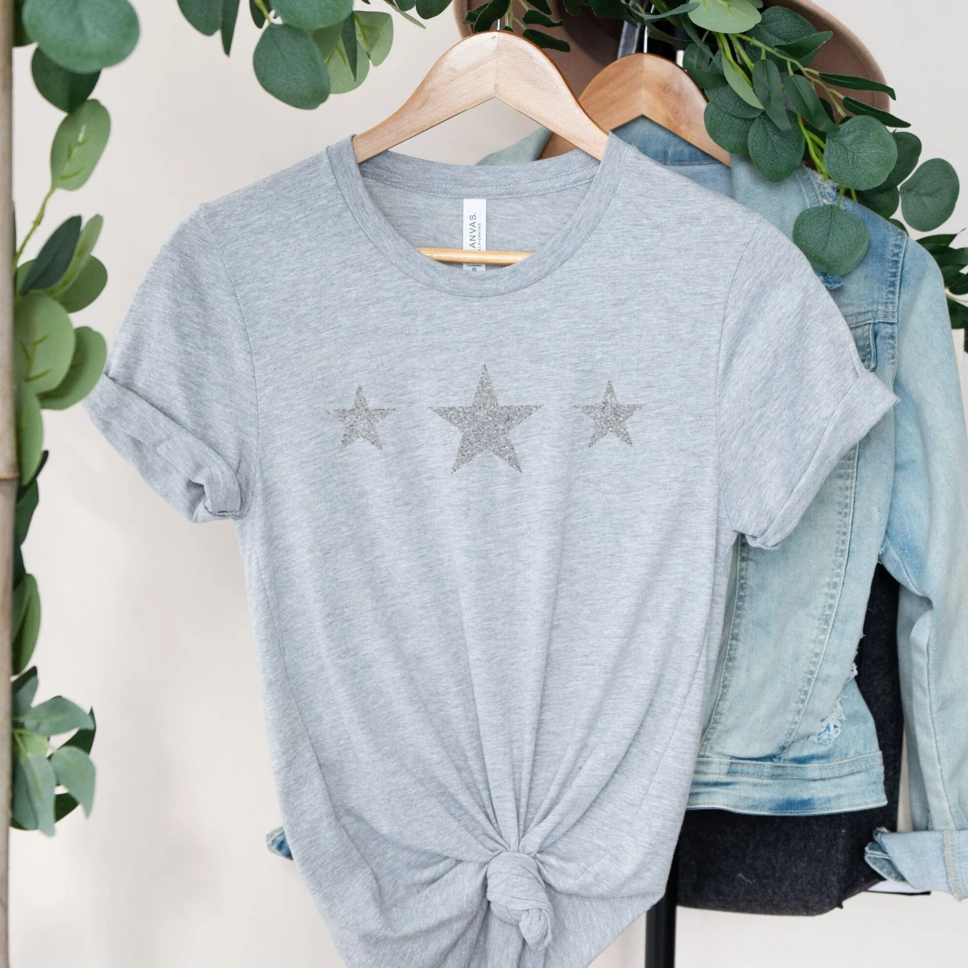 Triple Silver Glitter Stars Ladies T Shirt