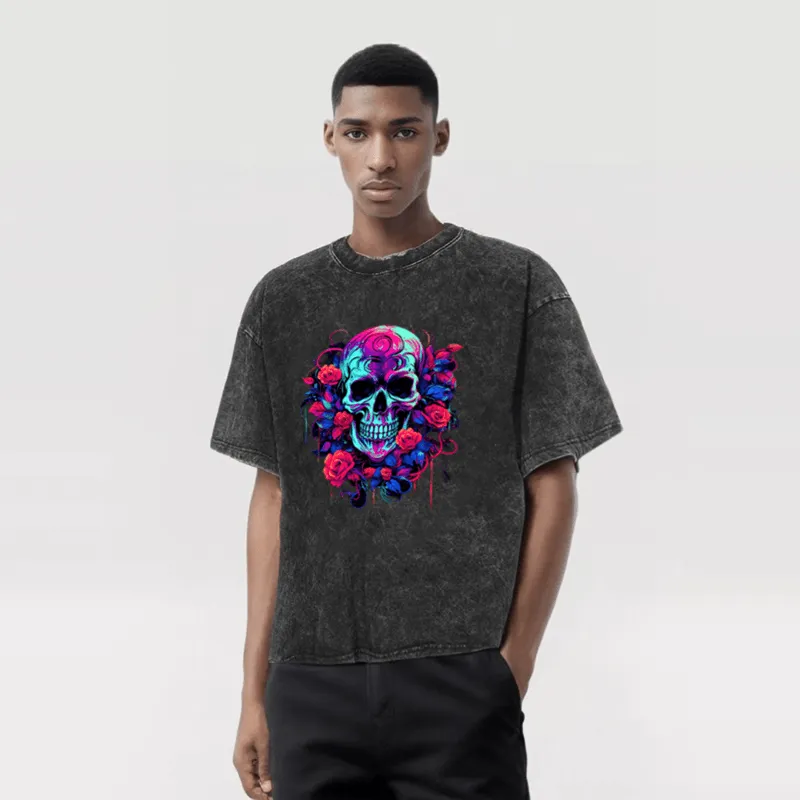 Vintage Washed Flower Skull Print T-shirt