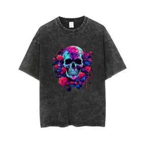 Vintage Washed Flower Skull Print T-shirt