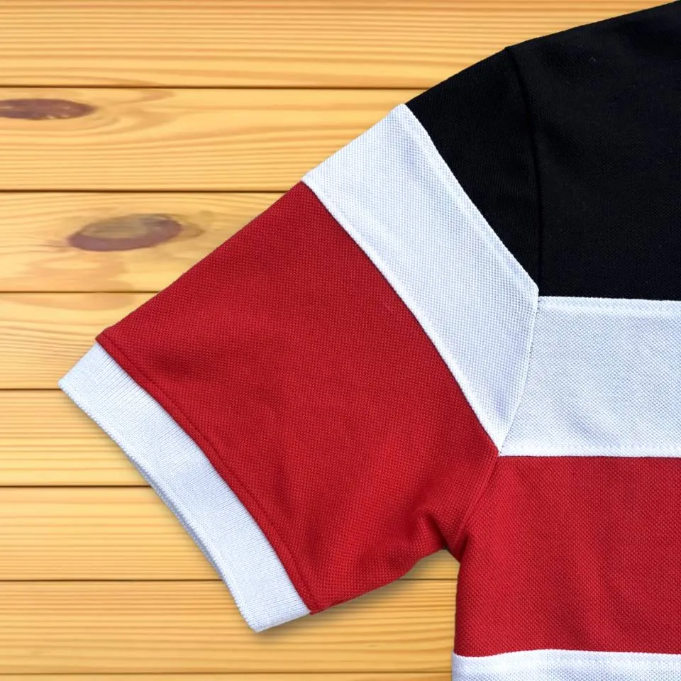 White Collar Polo T-Shirt Black & Red, Black 3 Stripe
