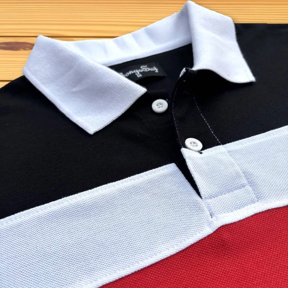 White Collar Polo T-Shirt Black & Red, Black 3 Stripe