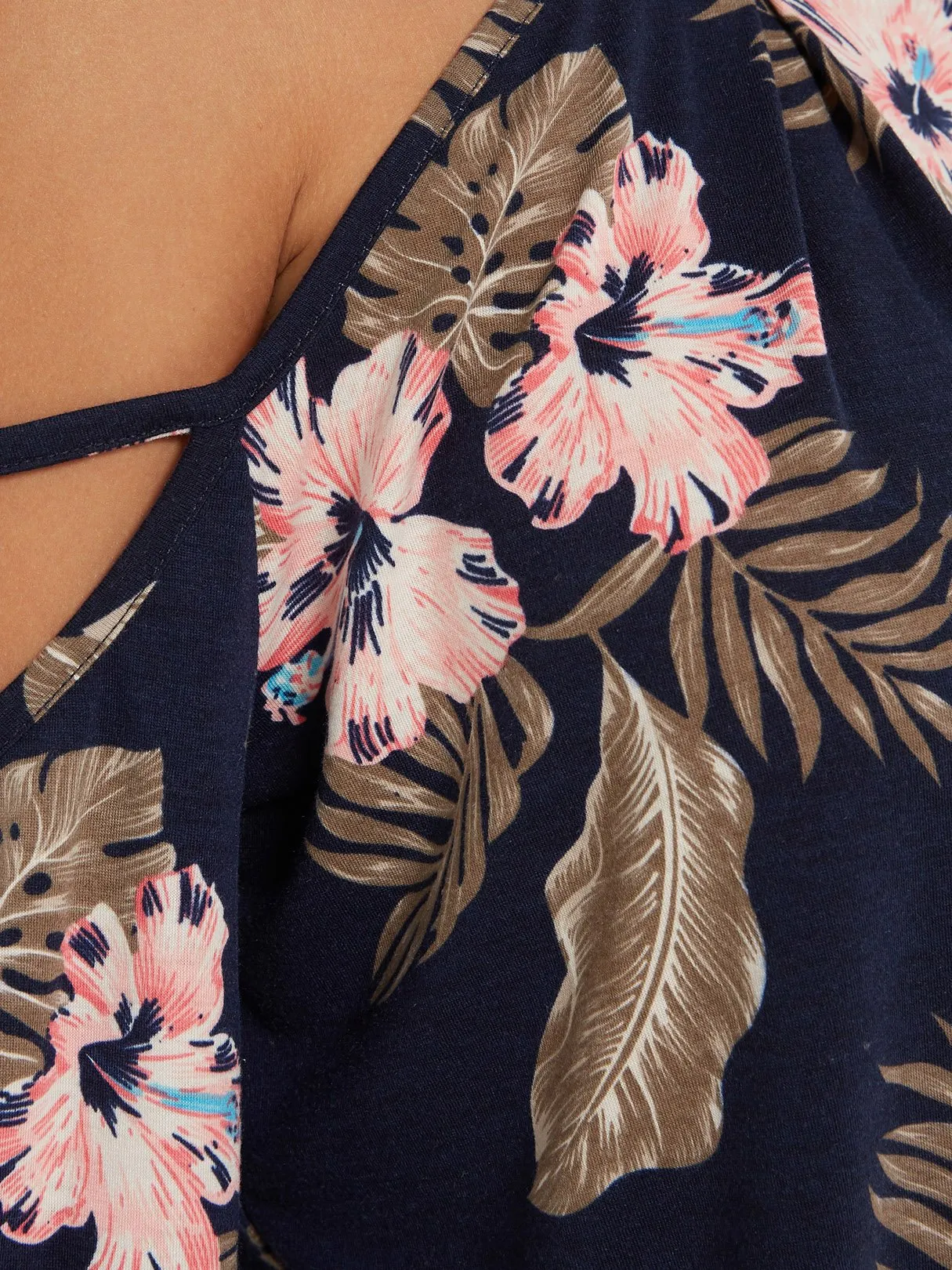 Wholesale Cold Shoulder Floral Print Cut Out Long Sleeve Navy Top