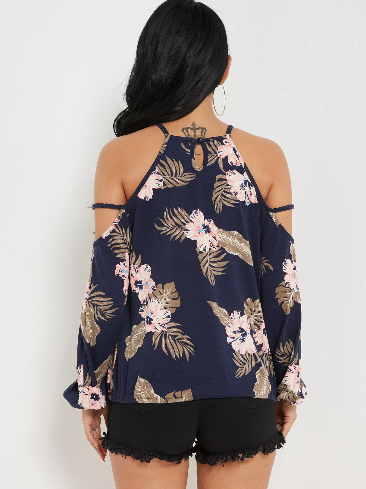 Wholesale Cold Shoulder Floral Print Cut Out Long Sleeve Navy Top