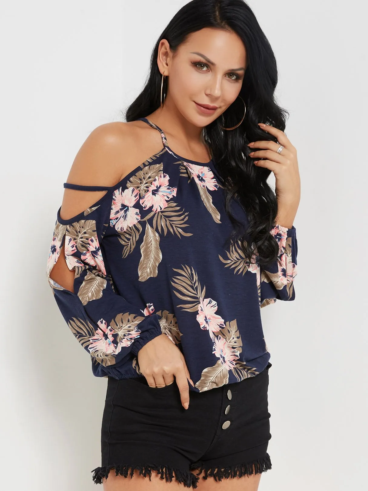Wholesale Cold Shoulder Floral Print Cut Out Long Sleeve Navy Top