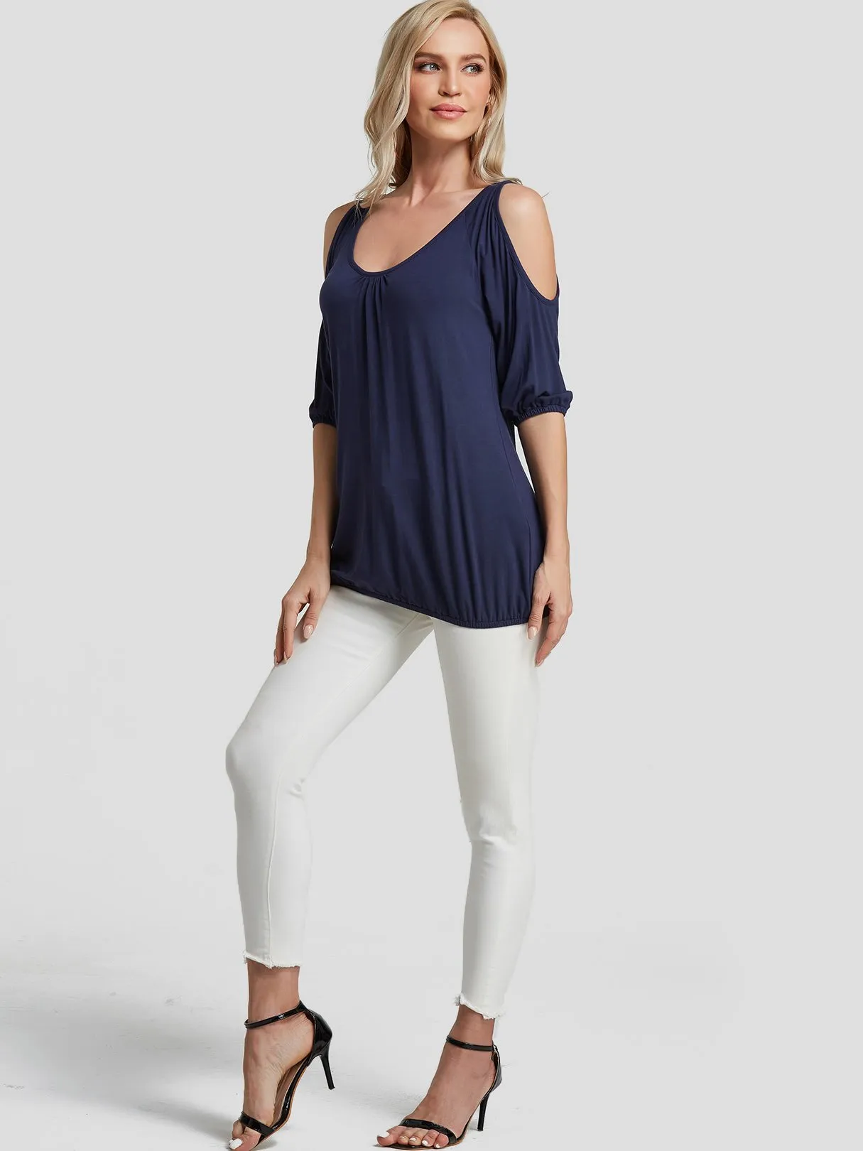 Wholesale Cold Shoulder Plain Pleated Half Sleeve Navy T-Shirts