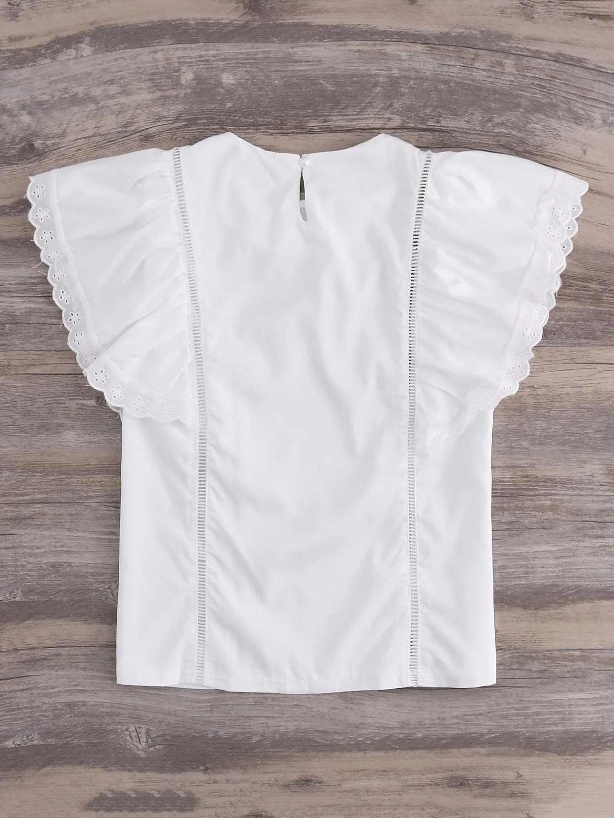 Wholesale Round Neck Plain Cut Out Ruffle Trim Short Sleeve White T-Shirts